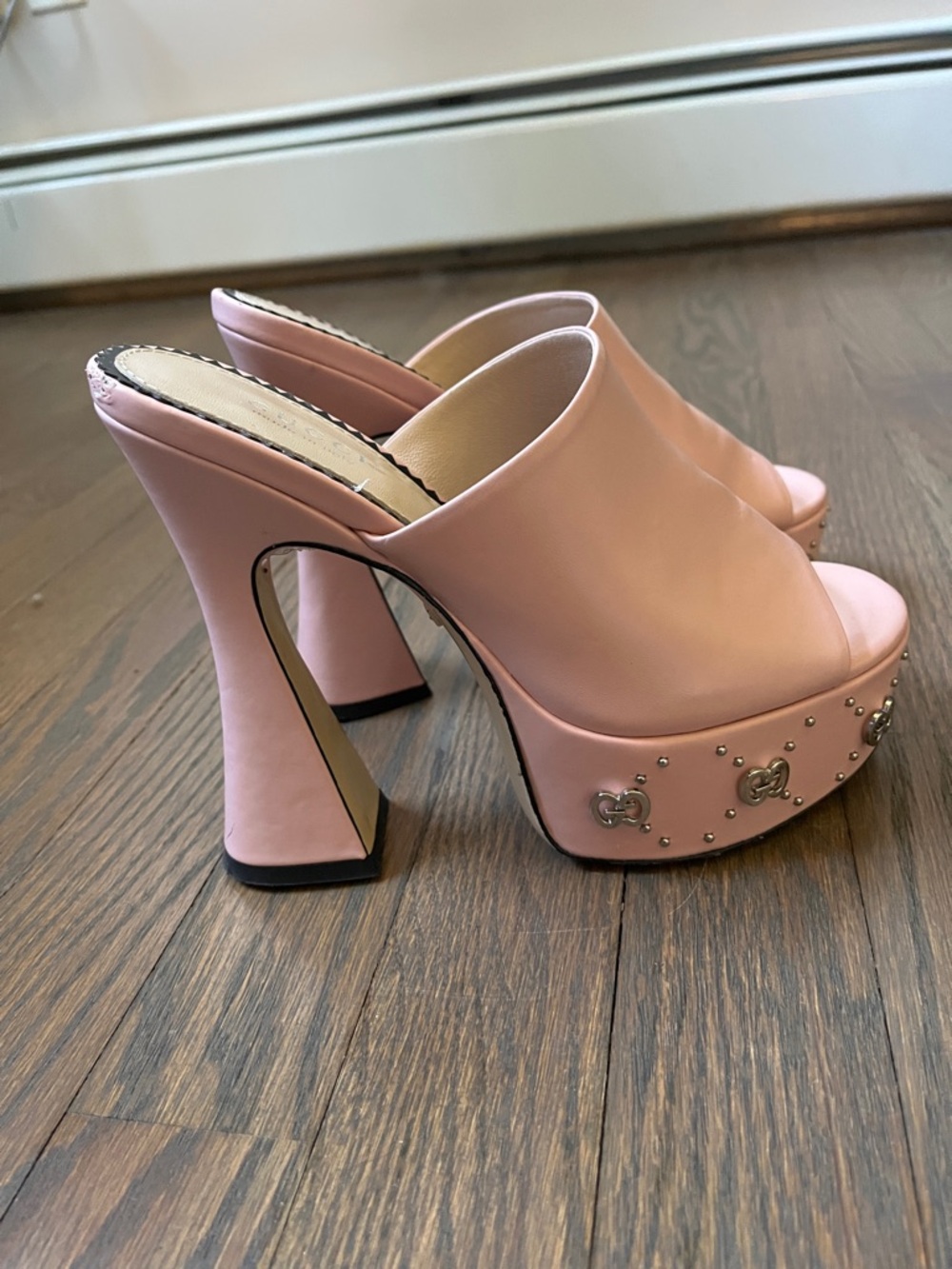 Gucci Pink Platform Mule Heels with Stud and Double-G Accents
